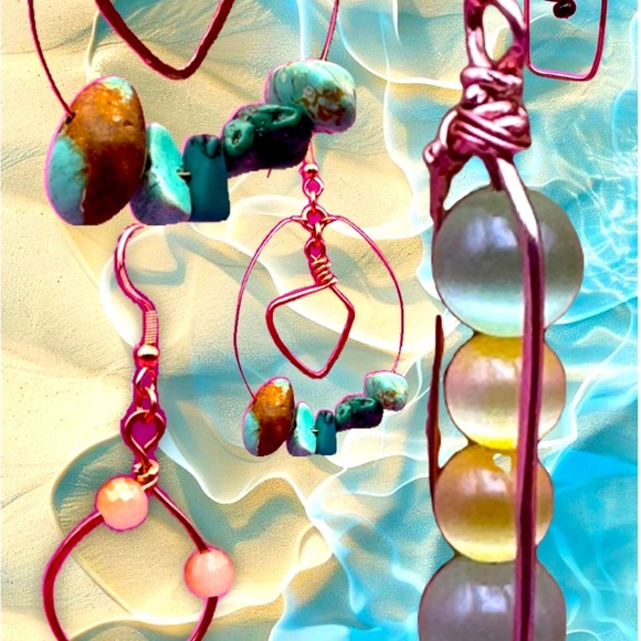 Green and Yellow Cat Eye Beaded Hammered Copper Earrings - Picture 8 of 13